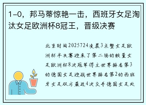 1-0，邦马蒂惊艳一击，西班牙女足淘汰女足欧洲杯8冠王，晋级决赛